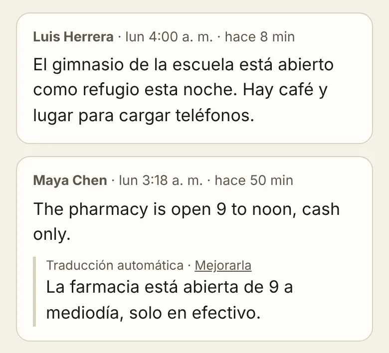 The same board in Spanish: posts written in English with automatic Spanish translations underneath.