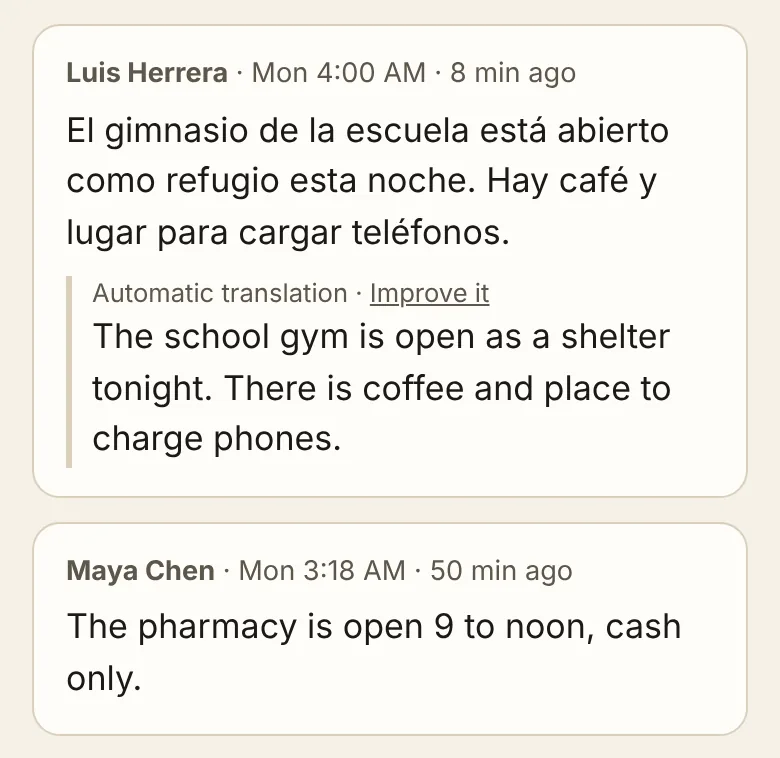 A board post written in Spanish with its automatic English translation underneath.