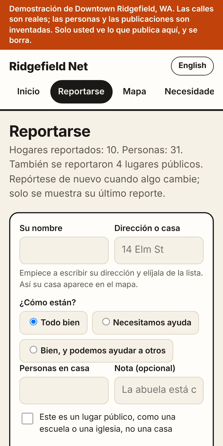 El formulario para reportarse: nombre, dirección y una de tres respuestas.