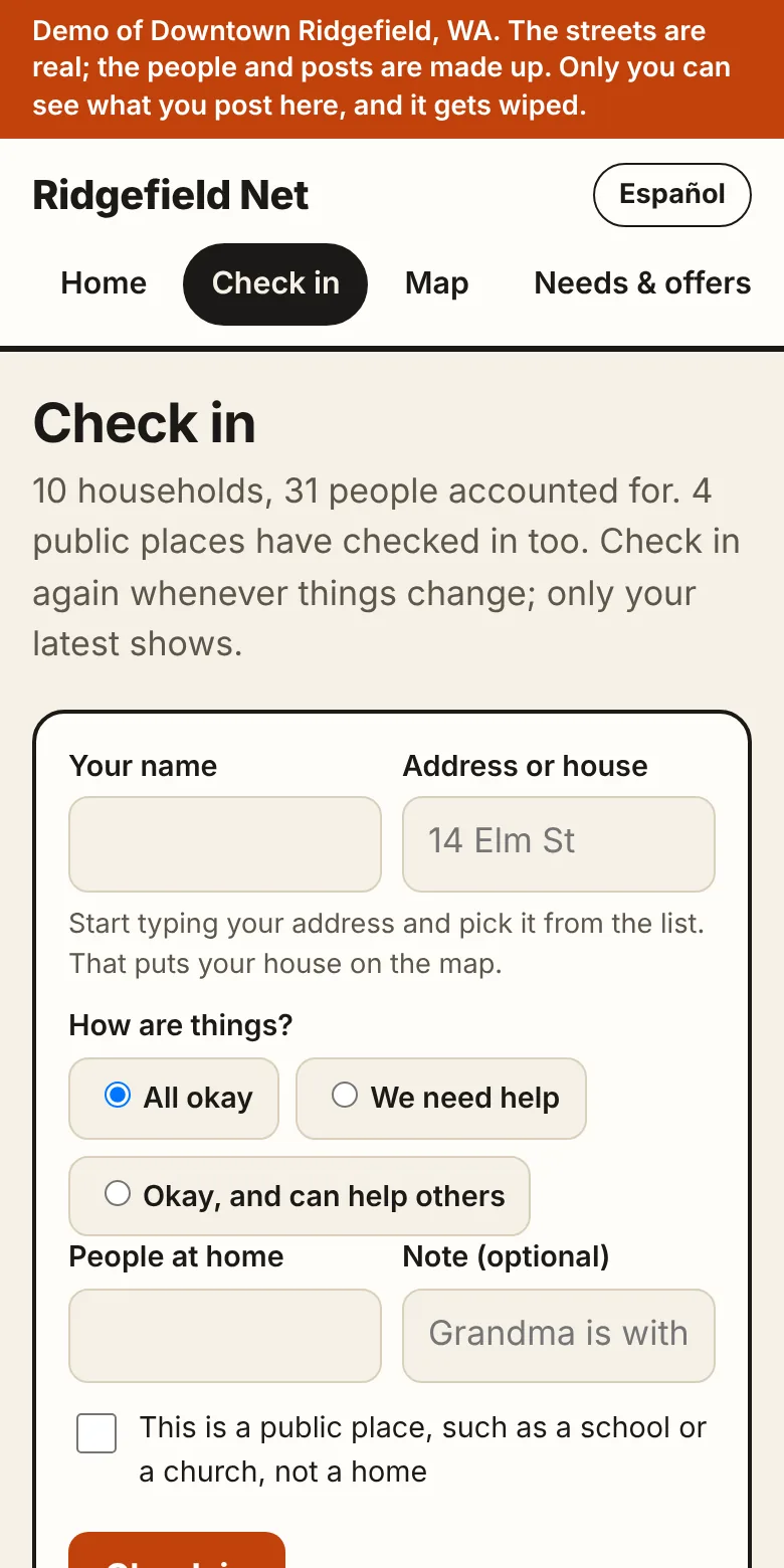 The check-in form: name, address, and a choice of All okay, We need help, or Okay and can help others.