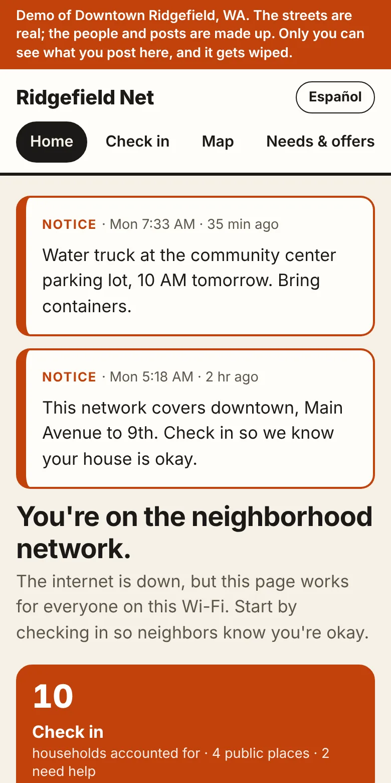 The TownNet home page on a phone: two notices from the operator, then a count of 10 households checked in.