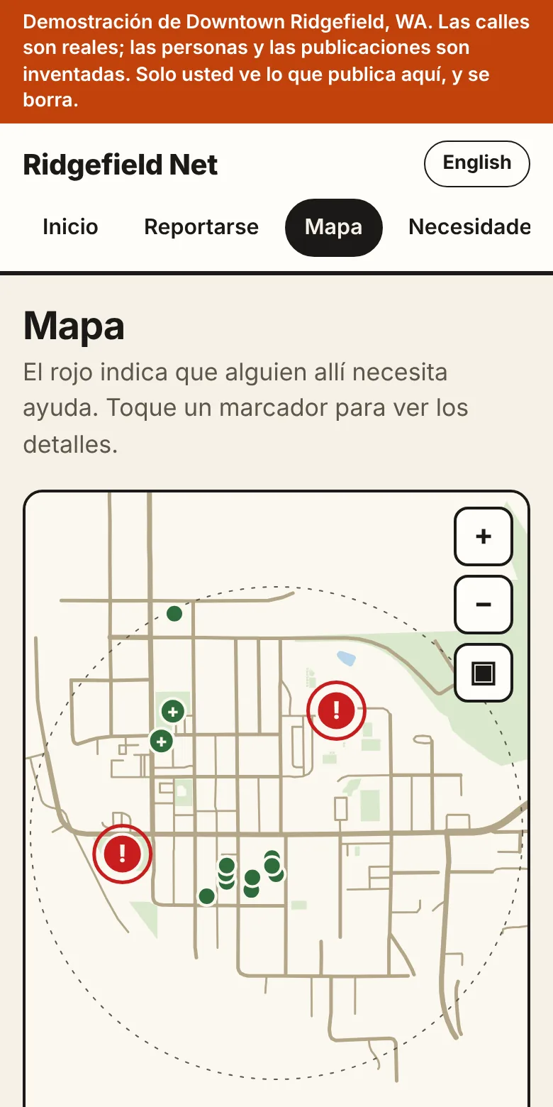 Un mapa de calles del centro de Ridgefield con marcadores verdes para los hogares que están bien y rojos donde se necesita ayuda.