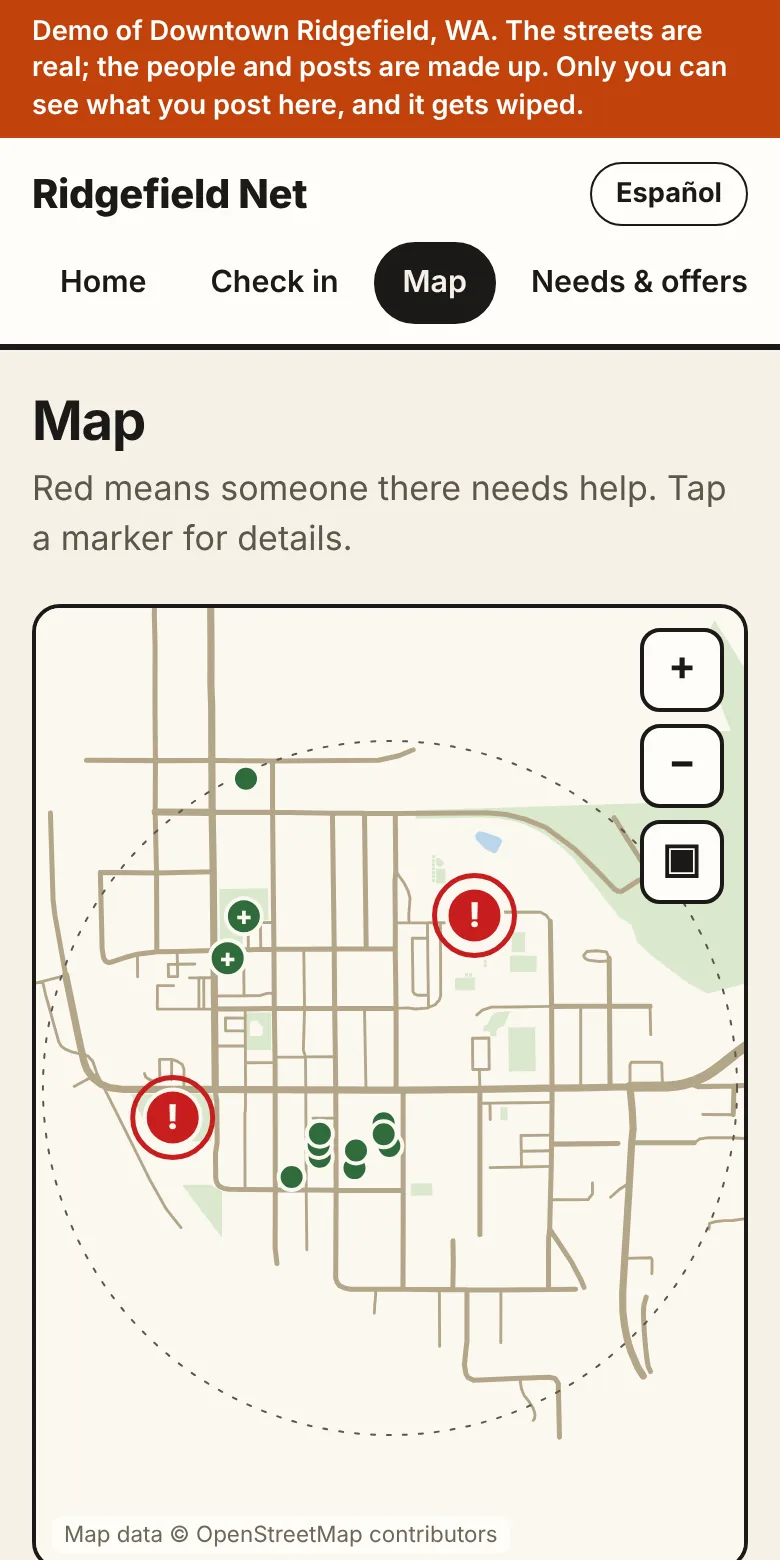 A street map of downtown Ridgefield with green markers for households that are okay and red markers where help is needed.