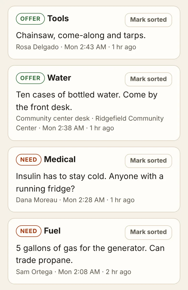 A list of offers and needs: tools, bottled water, insulin that has to stay cold, fuel for a generator.